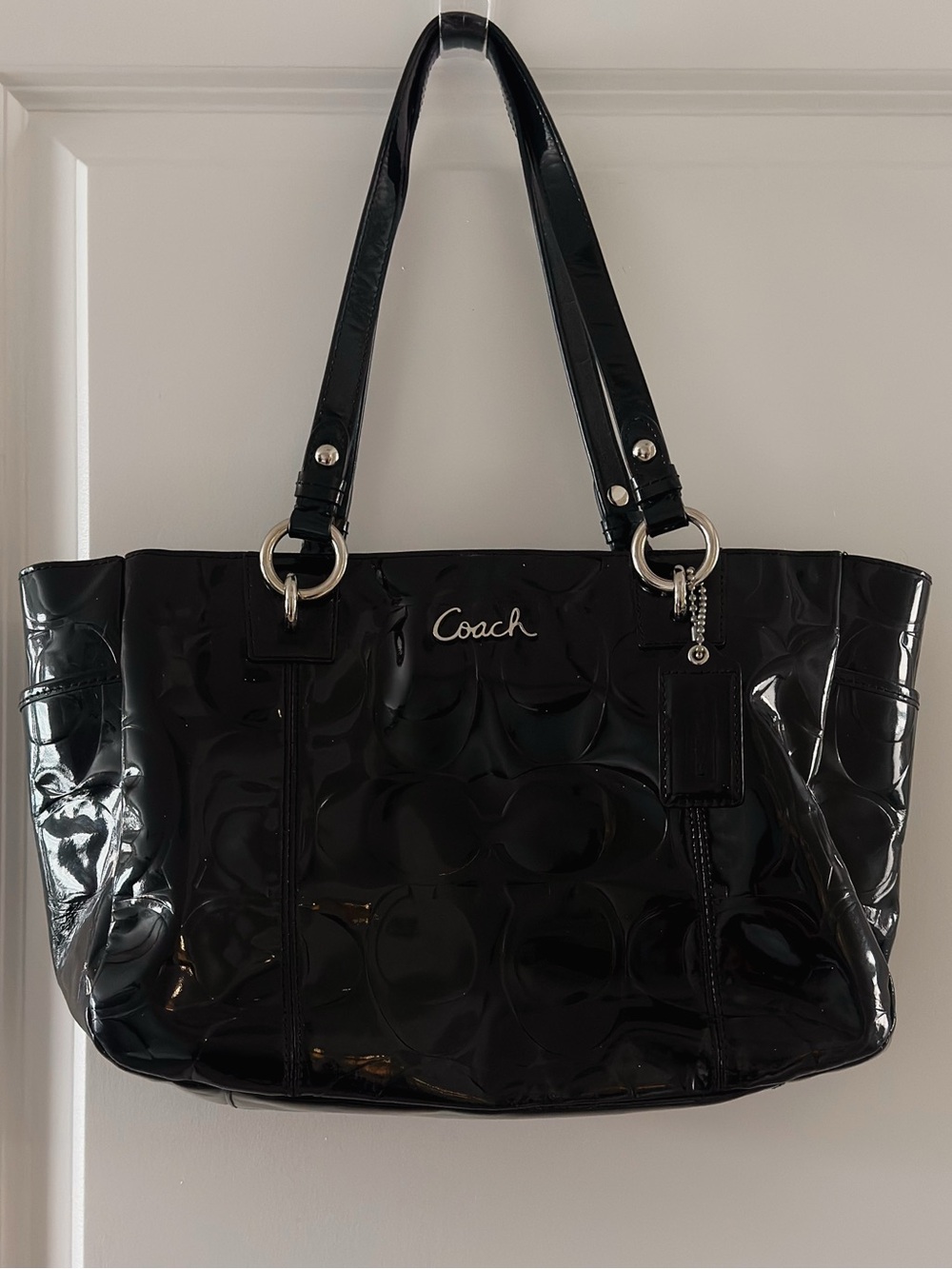 Coach Black Patent Leather Signature Tote Bag Large Shoulder Purse Silver